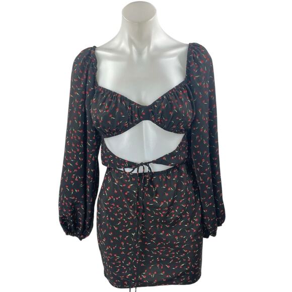 Princess Polly Black Floral Cutout Smocked Long Puff Sleeve Mini Bodycon Dress 2 - Picture 1 of 4